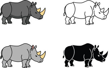 Four stylized illustrations of rhinoceroses in different colors and styles showing outline and silhouette