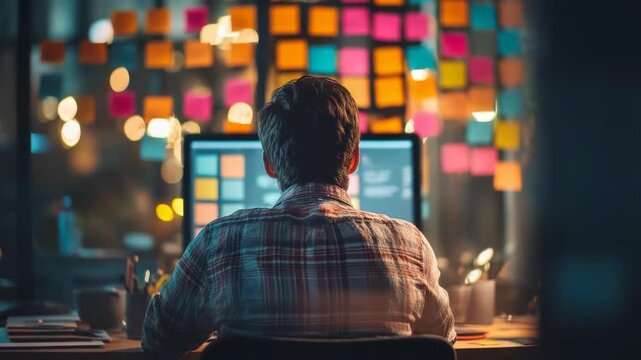 Focused developer coding late at night with colorful sticky notes background