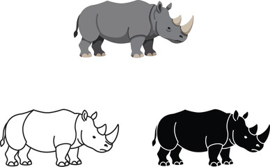 Three distinct illustrations of a rhinoceros including a colored drawing a black and white sketch and a silhouette