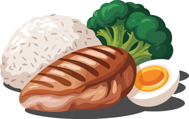 Delicious isolated cartoon set of fried fish, eggs, and vegetables with bread, coffee, and dessert pastries for a tasty breakfast or snack