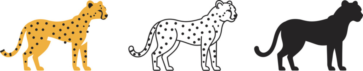 Three stylized illustrations of a cheetah in profile showing its spotted pattern outline and solid silhouette