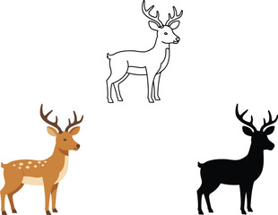 Three different styles of deer illustrations including a line drawing a realistic colored deer and a silhouette