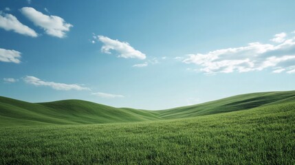 Fototapeta premium Expansive Rolling Green Hills Under a Bright Blue Sky with Gentle Clouds