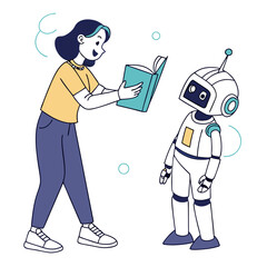 Woman reading a book to a friendly robot isolated on transparent background