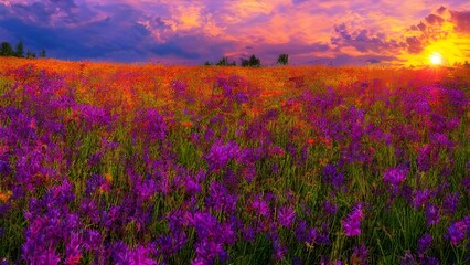 Beautiful purple lavender flowers bloom in a rural field under a warm summer sky at sunset