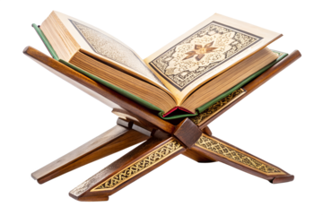 Open quran on a wooden stand isolated on transparent background, representing the holy book of islam and its religious significance