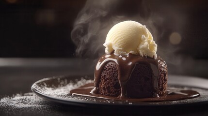 A decadent chocolate lava cake with a scoop of vanilla ice cream melting on top, on blurred background 