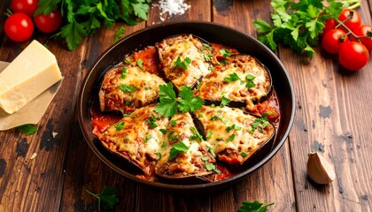 Stuffed eggplant in a pan with tomato sauce and cheese