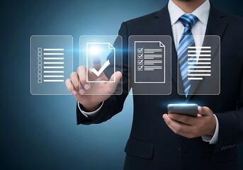 Businessman interacting with digital interface for document management