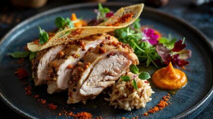 Chicken ras el hanout gourmet plating with sliced breast showing tender interior garnished with microgreens and edible flowers on dark slate plate