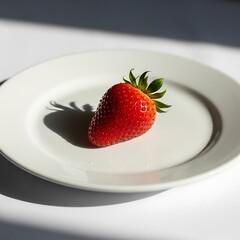 Single strawberry on a white plate.