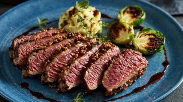 Seared strip steak sliced and plated with mustard seed crust, Brussels sprouts and herb-infused mashed potatoes on blue ceramic plate