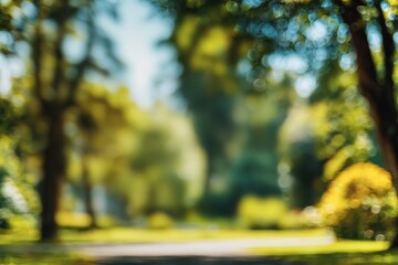 Blurry park scene, vibrant greens and yellows