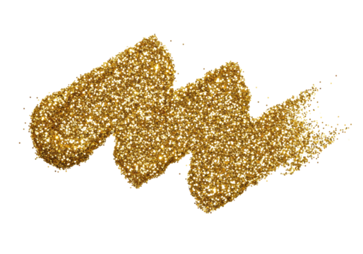 A textured swatch of shimmering gold glitter in a rough zigzag shape, individual metallic particles visible, with nuanced depth and pronounced light reflections against a transparent background. Macro