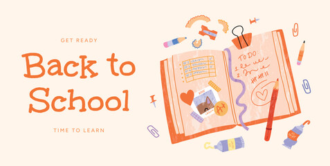Back to school creative concept with open planner, pencils, scissors, paper clips, paint tubes and stationery. Hand-drawn school supplies layout. Vector illustration for posters, promo, banners