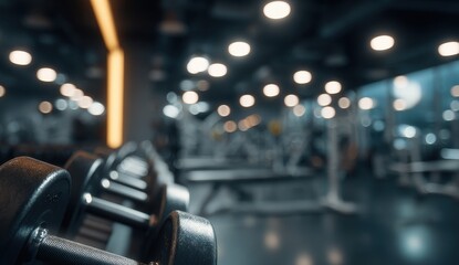 Fototapeta premium Gym dumbbells in focus, blurry fitness center background
