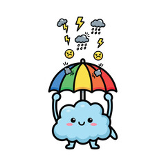 Cheerful cartoon cloud holding rainbow umbrella amid stormy weather