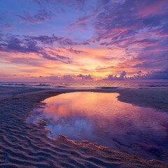 Sunset reflecting in a tide pool on a beach