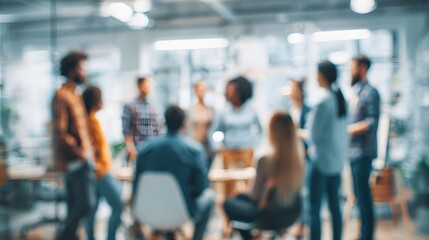 casual business meeting among energetic team front view office blur