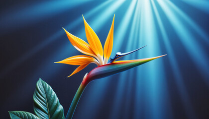 Obraz premium Exotic bird-of-paradise flower on blue gradient with light rays, with space for text