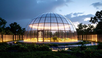 Obraz premium Illuminated Dome Greenhouse in Garden at Dusk Evening Glow