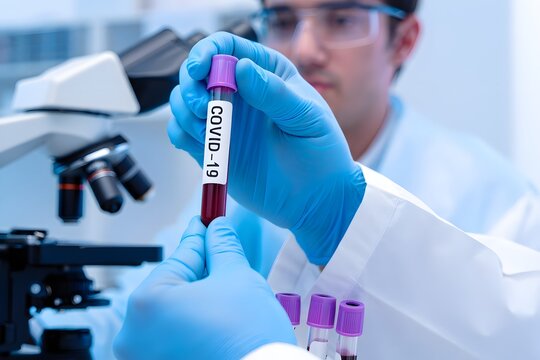 Scientist with a tube of biological sample contaminated by Coronavirus with label Coronavirus, doctor in the laboratory with a biological tube for analysis and sampling of Covid-19 infectious disea