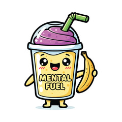 Cheerful cartoon character holding banana next to mental fuel drink