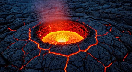 Volcanic Inferno: An awe-inspiring view showcases an active volcano, its fiery heart ablaze with molten lava, creating an otherworldly scene of raw natural power and geological wonder.