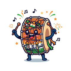 Cheerful animated character drumming and celebrating with music