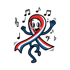 Cheerful animated character dancing with red white and blue ribbon