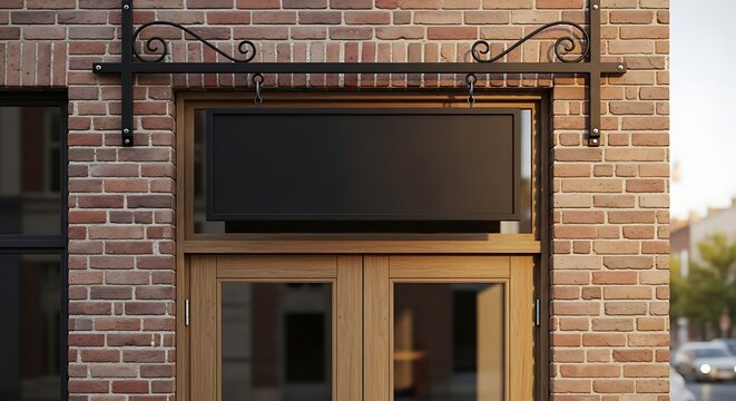 A blank black rectangular sign hangs above wooden double doors on a red brick building facade.