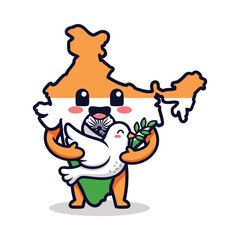 Cartoon character shaped like India holding a dove symbolizing peace