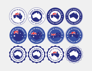 A versatile collection of Made in Australia labels in various shapes and styles. Perfect for product packaging, branding, marketing, and export design use