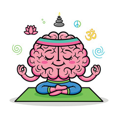 Animated brain meditating with symbols of peace and mindfulness