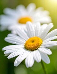 Fototapeta premium Close-up of two daisies, dew drops on petals, shallow depth of field, sunlit background
