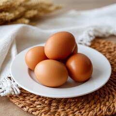 Several brown eggs rest neatly on a smooth white ceramic plate. The soft natural light highlights the texture and simplicity of the scene.