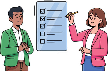 Two people reviewing a checklist on a digital screen