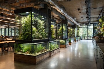 Modern workspace features vibrant aquariums with lush greenery and natural light in a contemporary setting