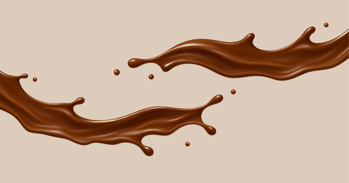 Realistic chocolate splash waves. Flowing cocoa liquid. Dessert concept. Vector illustration