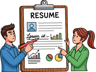 Two people reviewing a resume with charts and graphs