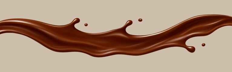 Realistic flowing chocolate splash wave. Cocoa swirl motion. Sweet dessert liquid. Vector illustration
