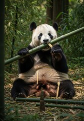 Obraz premium Panda eating bamboo in a natural habitat.