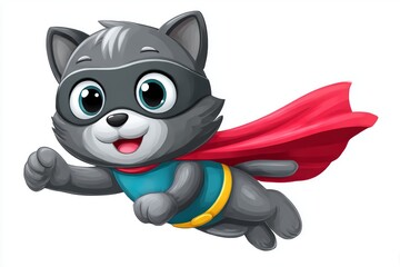 Obraz premium Superhero cat in a vibrant cape soaring through the air with a joyful expression under a clear sky