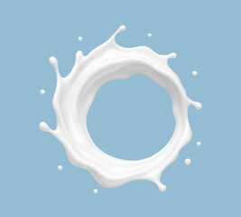 Milk splash on blue background. Realistic liquid dairy circle shape. Vector illustration