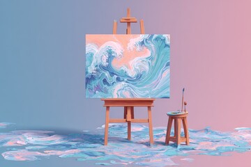Creative painting display with vibrant ocean waves against a colorful background in a cozy studio setting