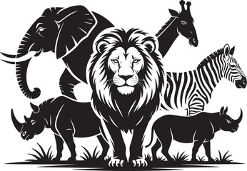 African Wildlife Silhouette Vector Set Featuring Lion Elephant Giraffe Zebra and Rhinoceros on Transparent