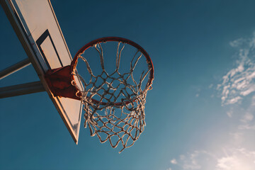 Inspiring View of a Basketball Hoop Set Against a Clear Blue Sky, Perfect for Sports Enthusiasts and Outdoor Activities Lovers, Capturing the Spirit of Competition and Play