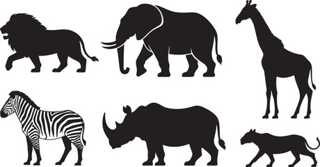 African Wildlife Silhouette Vector Collection: Lion, Elephant, Giraffe, Zebra, Rhino, and Leopard Set