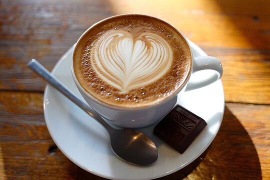 A Cup of hot latte art coffee with heart Shape on wooden table - Powered by Adobe
