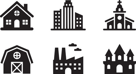 Fototapeta premium Architectural Icons Set Silhouette Depicting Diverse Buildings and Structures in a Modern Style